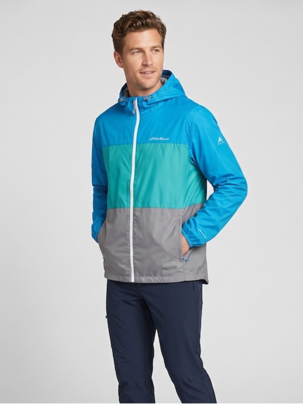 Eddie Bauer Men’s Blue/Teal/Gray Colorblock Windbreaker